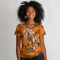 Shaka Zulu Women V-Neck T-Shirt Warrior Fiery Roaring Lion - Never Retreat Never Surrender African Strength and Courage - Wonder Print Shop