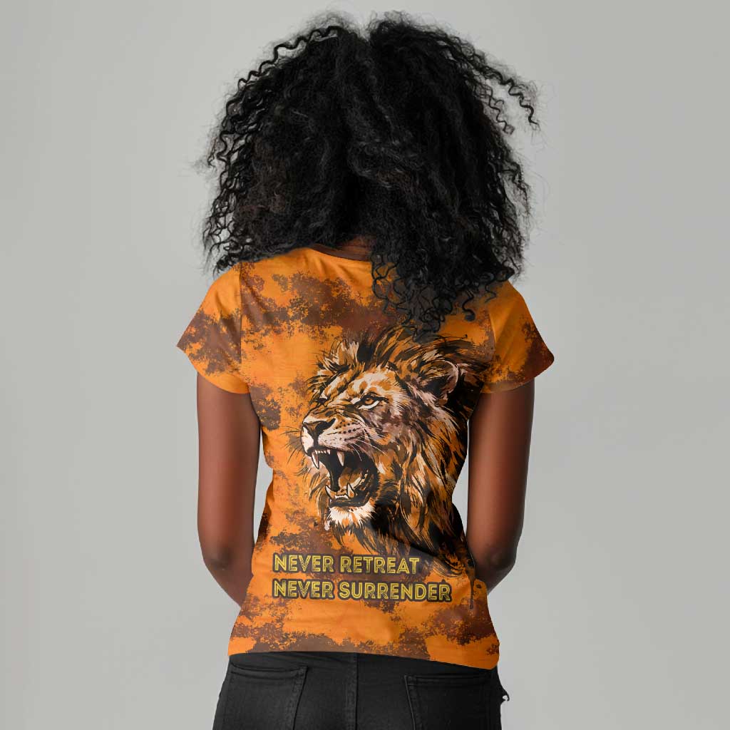 Shaka Zulu Women V-Neck T-Shirt Warrior Fiery Roaring Lion - Never Retreat Never Surrender African Strength and Courage - Wonder Print Shop