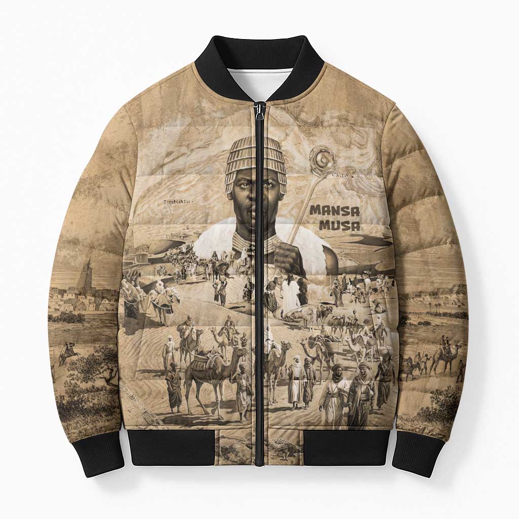 Mansa Musa Bomber Puffer Jacket Sepia Map Historic Pilgrimage Empire Expedition 1324 African Royalty Legacy - Wonder Print Shop