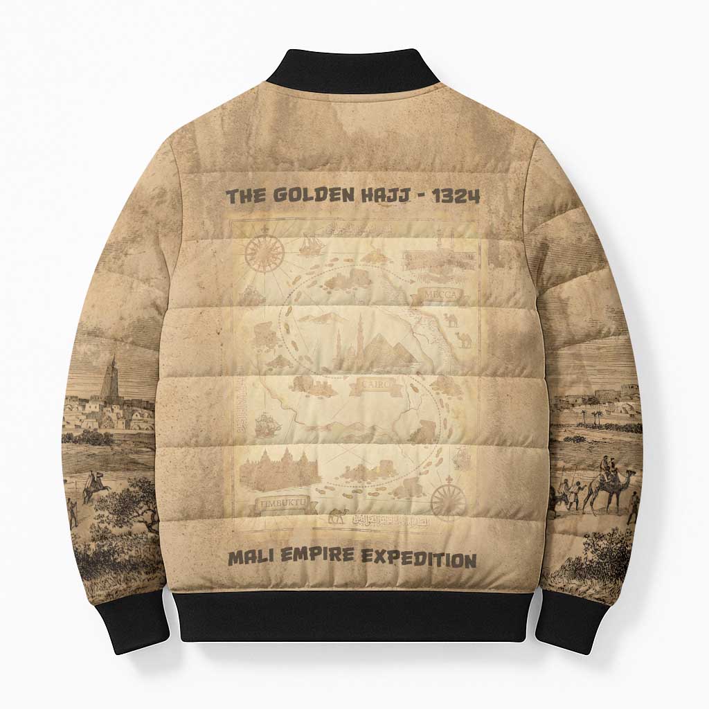 Mansa Musa Bomber Puffer Jacket Sepia Map Historic Pilgrimage Empire Expedition 1324 African Royalty Legacy - Wonder Print Shop