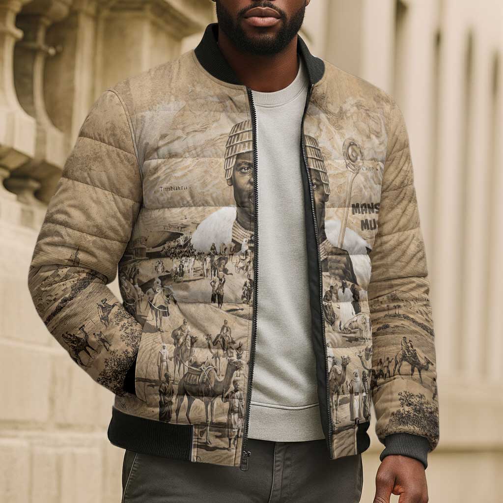 Mansa Musa Bomber Puffer Jacket Sepia Map Historic Pilgrimage Empire Expedition 1324 African Royalty Legacy - Wonder Print Shop