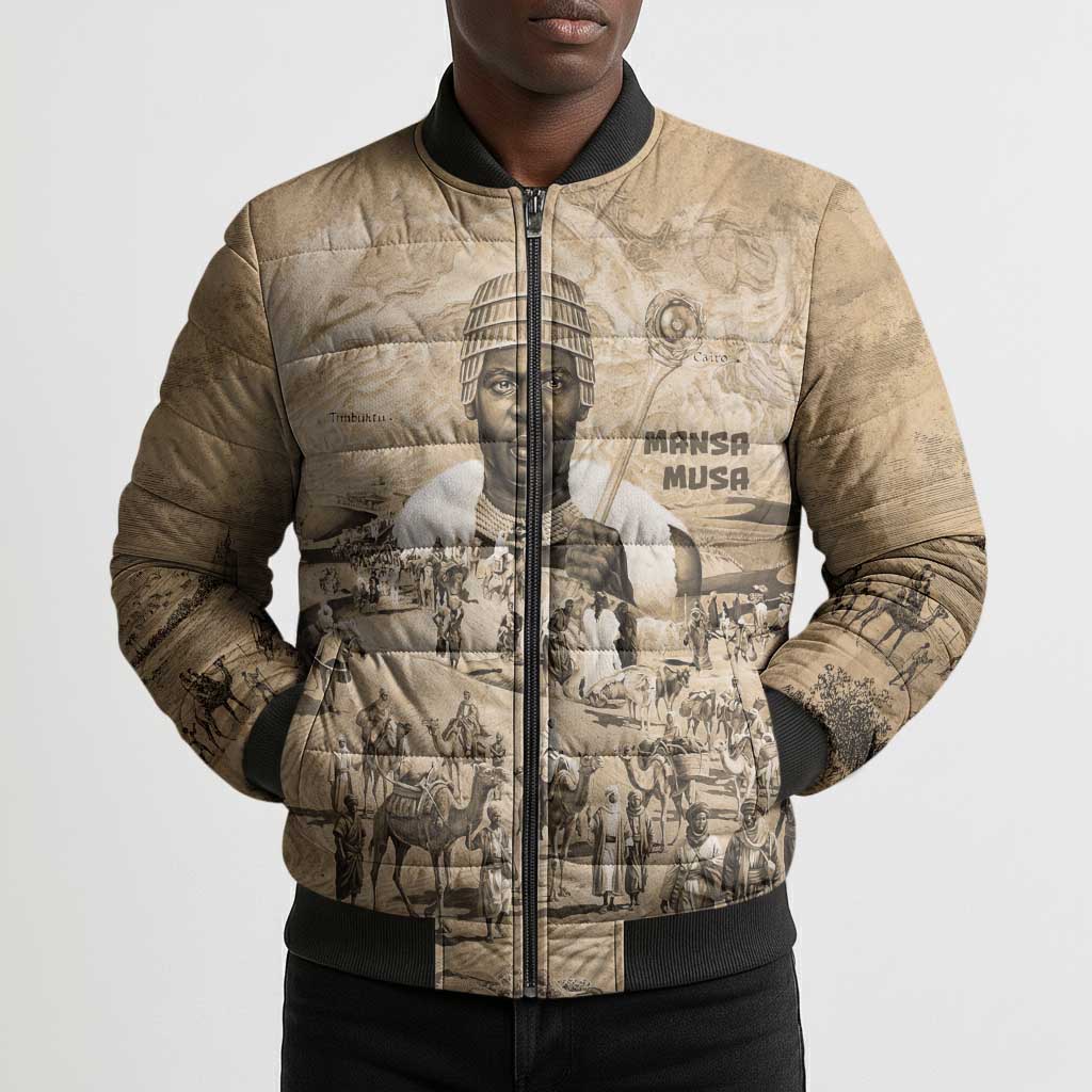 Mansa Musa Bomber Puffer Jacket Sepia Map Historic Pilgrimage Empire Expedition 1324 African Royalty Legacy - Wonder Print Shop