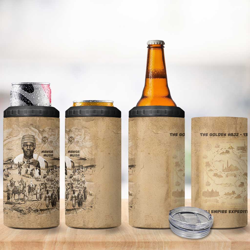 Mansa Musa 4 in 1 Can Cooler Tumbler Sepia Map Historic Pilgrimage Empire Expedition 1324 African Royalty Legacy - Wonder Print Shop