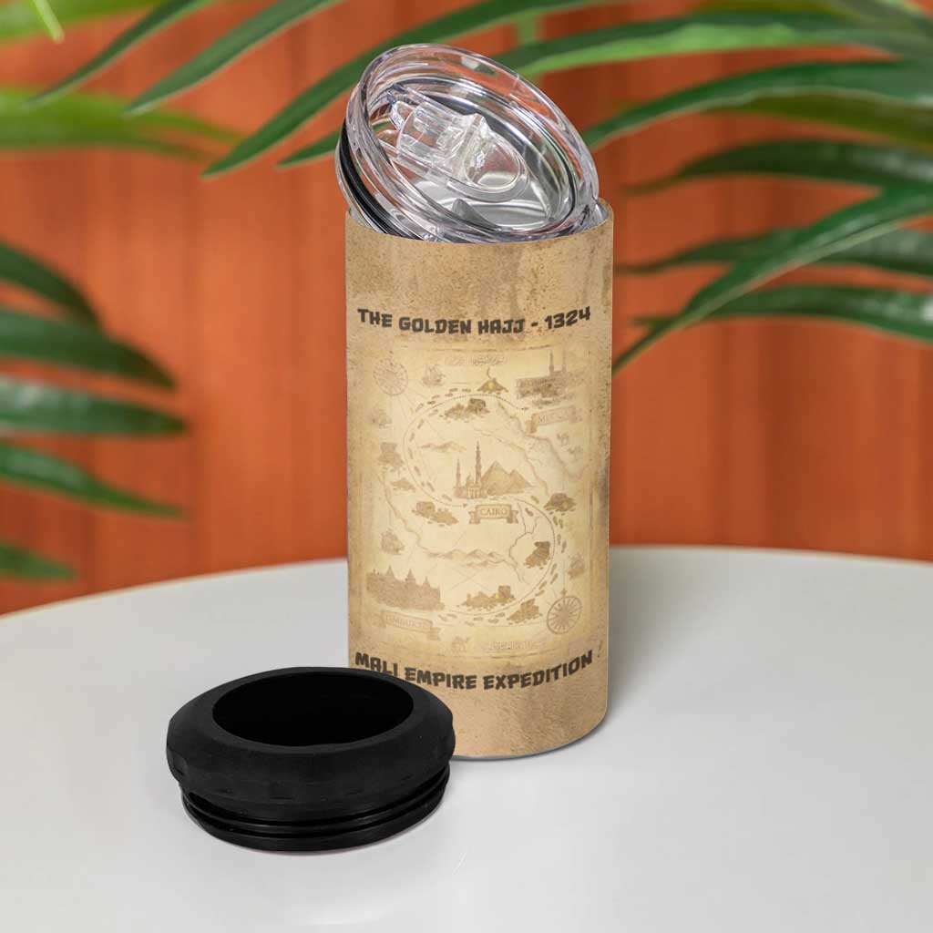 Mansa Musa 4 in 1 Can Cooler Tumbler Sepia Map Historic Pilgrimage Empire Expedition 1324 African Royalty Legacy - Wonder Print Shop