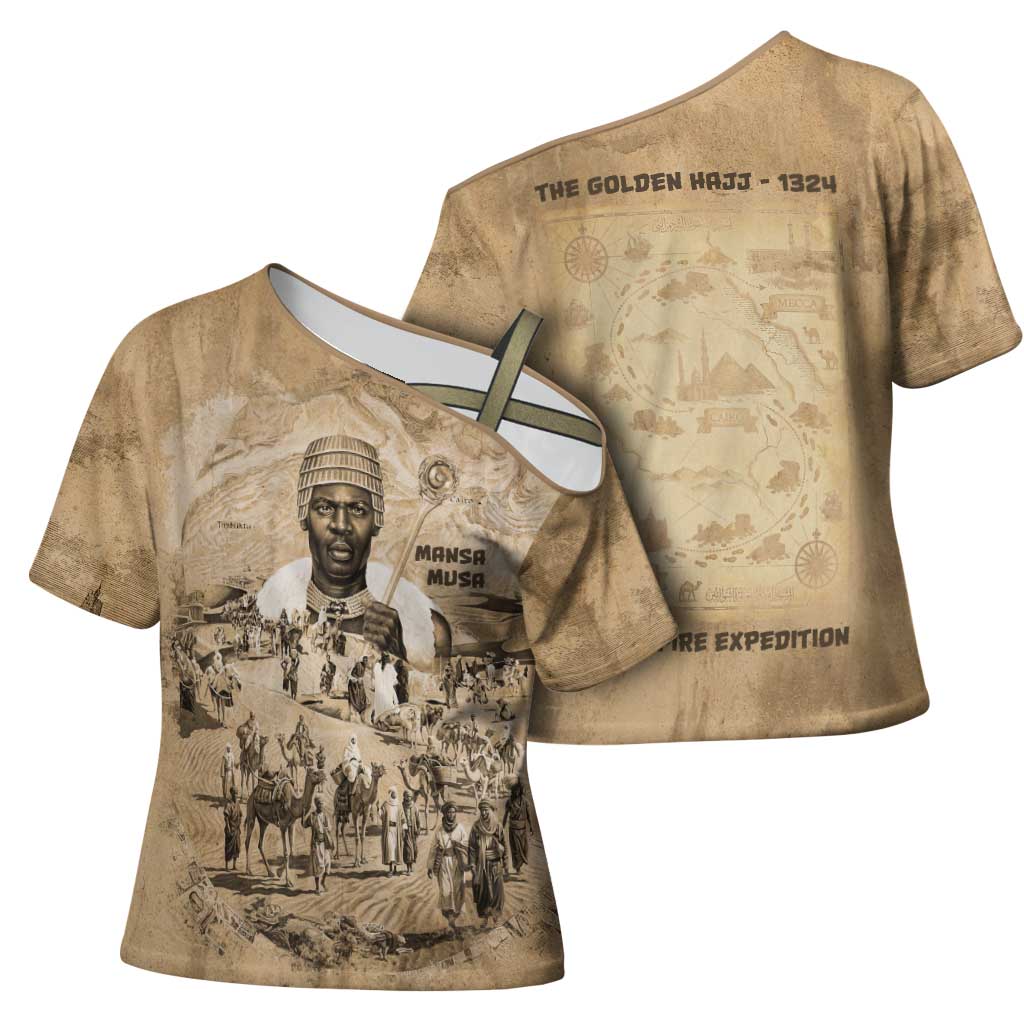 Mansa Musa Cross Shoulder Shirt Sepia Map Historic Pilgrimage Empire Expedition 1324 African Royalty Legacy - Wonder Print Shop