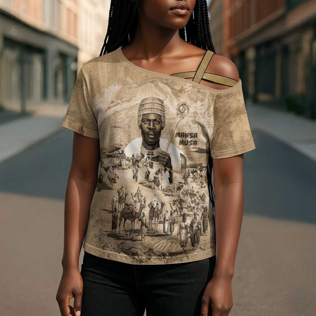 Mansa Musa Cross Shoulder Shirt Sepia Map Historic Pilgrimage Empire Expedition 1324 African Royalty Legacy - Wonder Print Shop