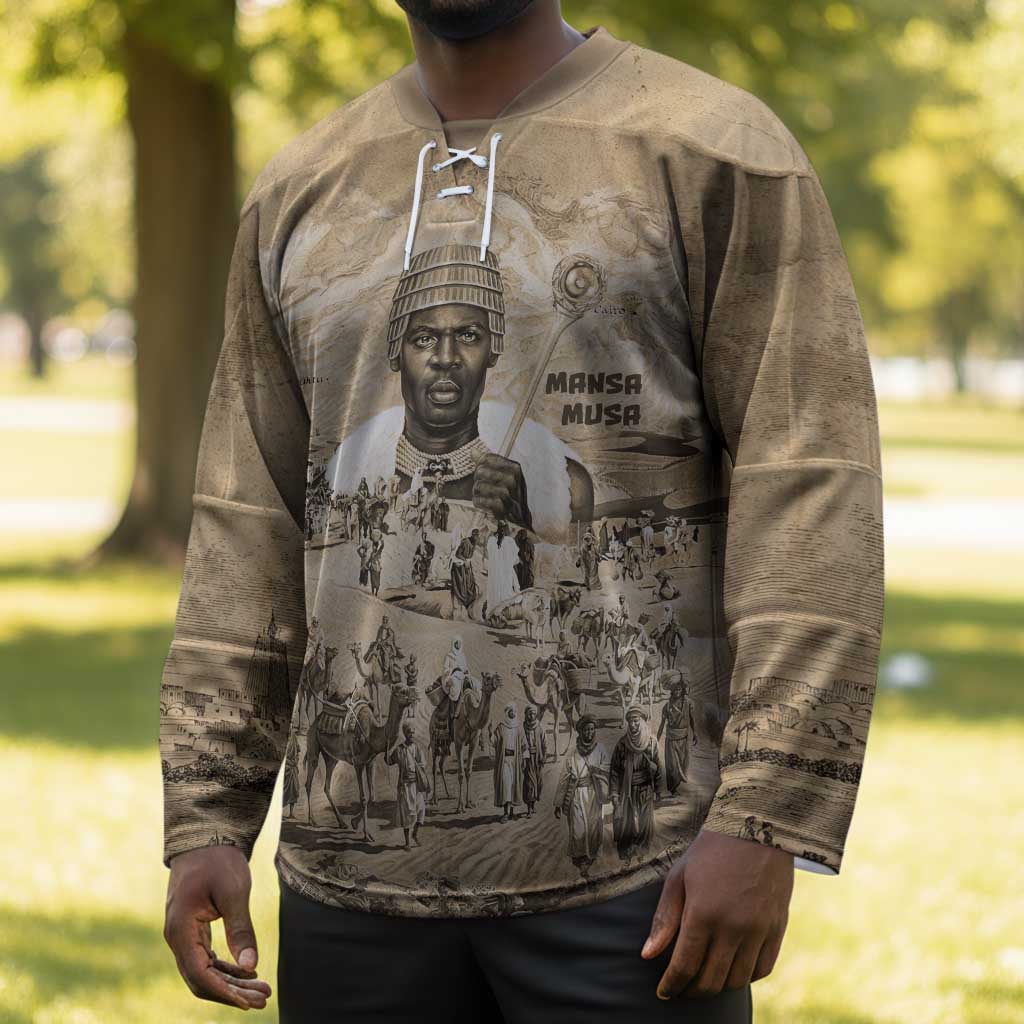 Mansa Musa Hockey Jersey Sepia Map Historic Pilgrimage Empire Expedition 1324 African Royalty Legacy - Wonder Print Shop