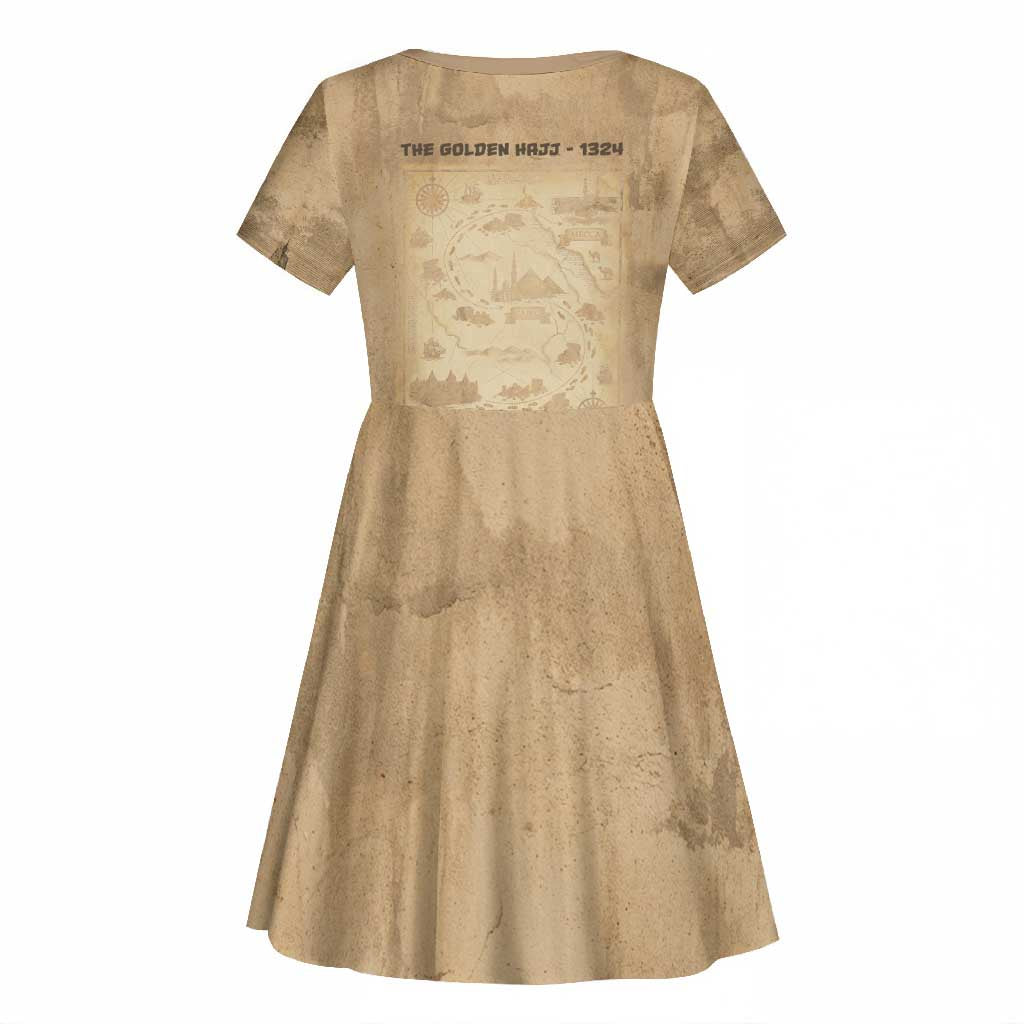 Mansa Musa Kid Short Sleeve Dress Sepia Map Historic Pilgrimage Empire Expedition 1324 African Royalty Legacy - Wonder Print Shop