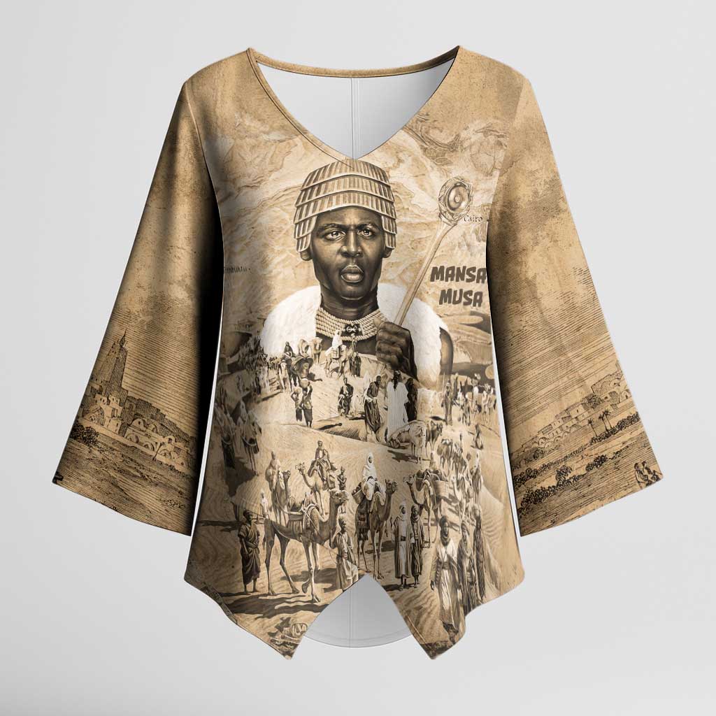 Mansa Musa Kimono Sleeve Blouse Sepia Map Historic Pilgrimage Empire Expedition 1324 African Royalty Legacy - Wonder Print Shop