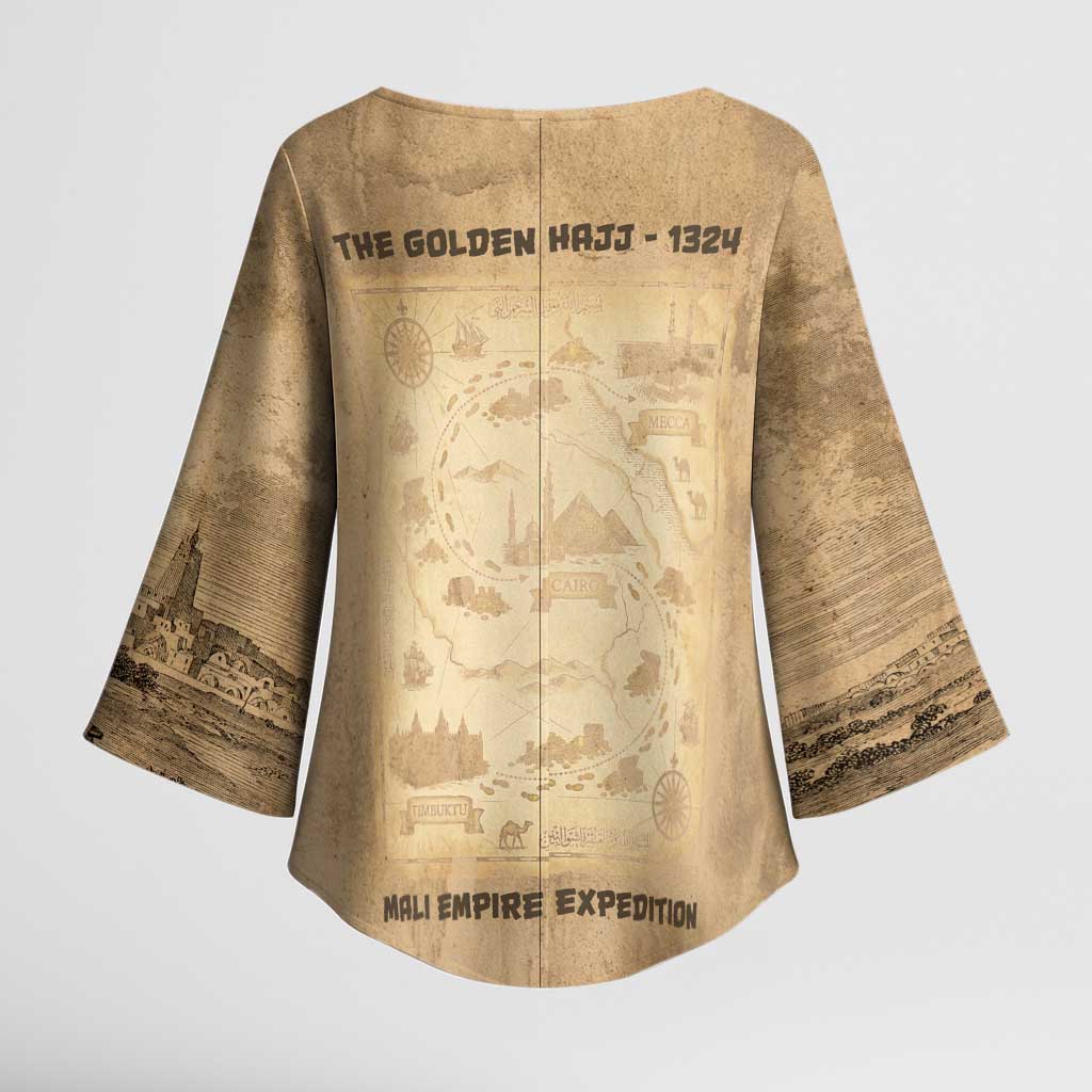 Mansa Musa Kimono Sleeve Blouse Sepia Map Historic Pilgrimage Empire Expedition 1324 African Royalty Legacy - Wonder Print Shop
