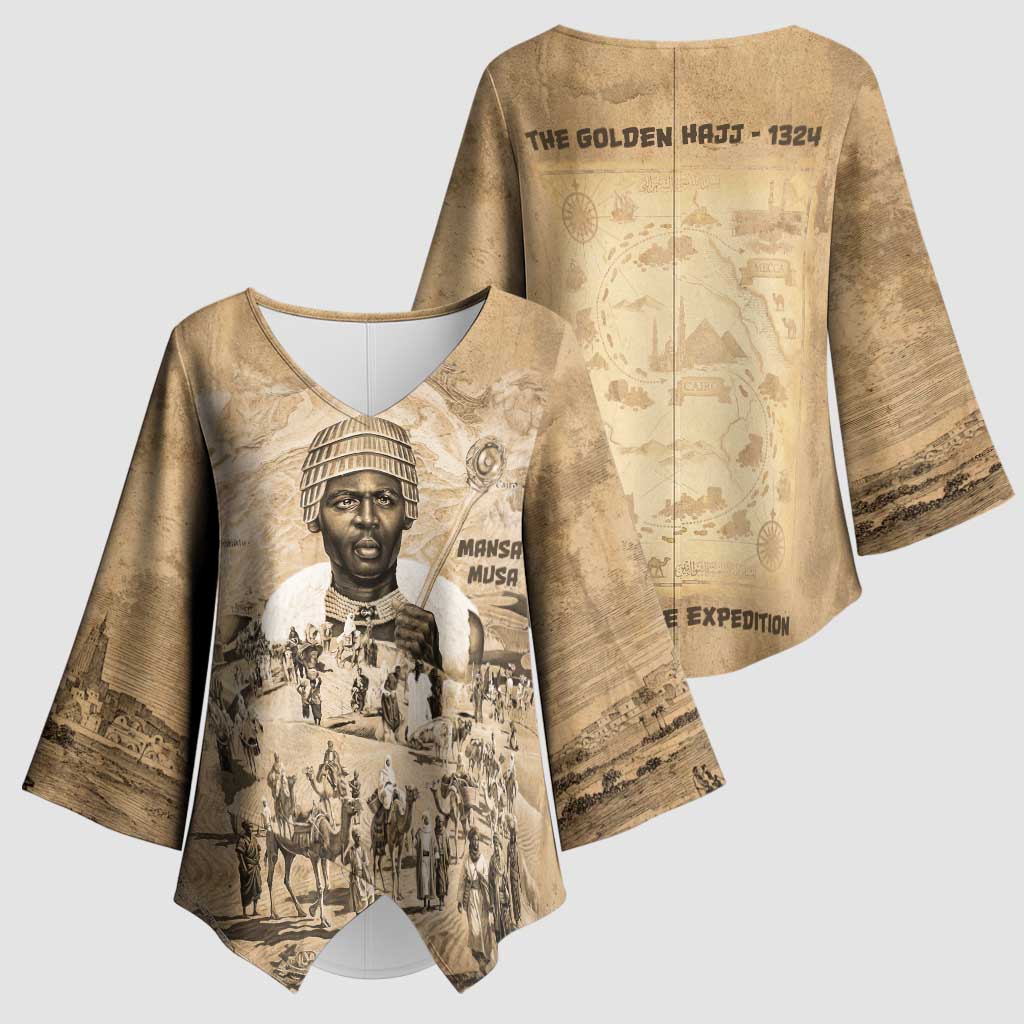 Mansa Musa Kimono Sleeve Blouse Sepia Map Historic Pilgrimage Empire Expedition 1324 African Royalty Legacy - Wonder Print Shop
