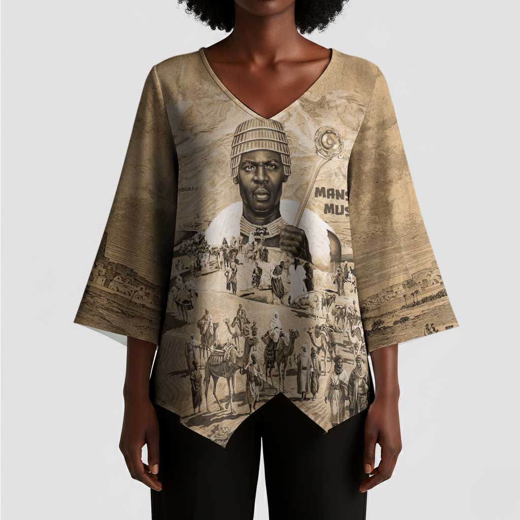 Mansa Musa Kimono Sleeve Blouse Sepia Map Historic Pilgrimage Empire Expedition 1324 African Royalty Legacy - Wonder Print Shop