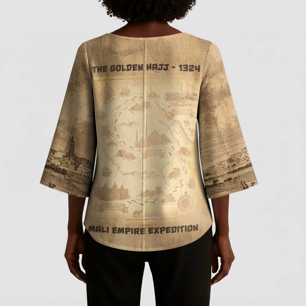 Mansa Musa Kimono Sleeve Blouse Sepia Map Historic Pilgrimage Empire Expedition 1324 African Royalty Legacy - Wonder Print Shop