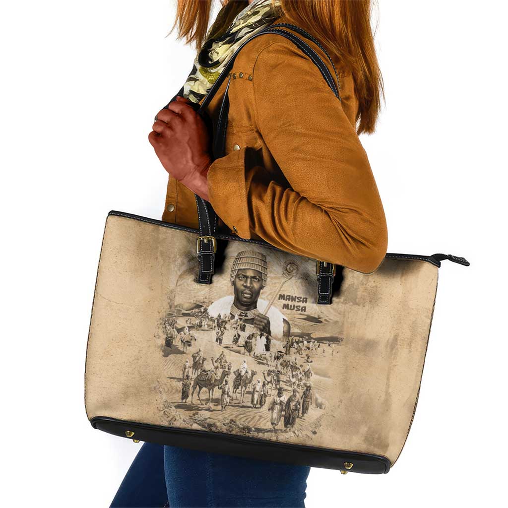 Mansa Musa Leather Tote Bag Sepia Map Historic Pilgrimage Empire Expedition 1324 African Royalty Legacy - Wonder Print Shop