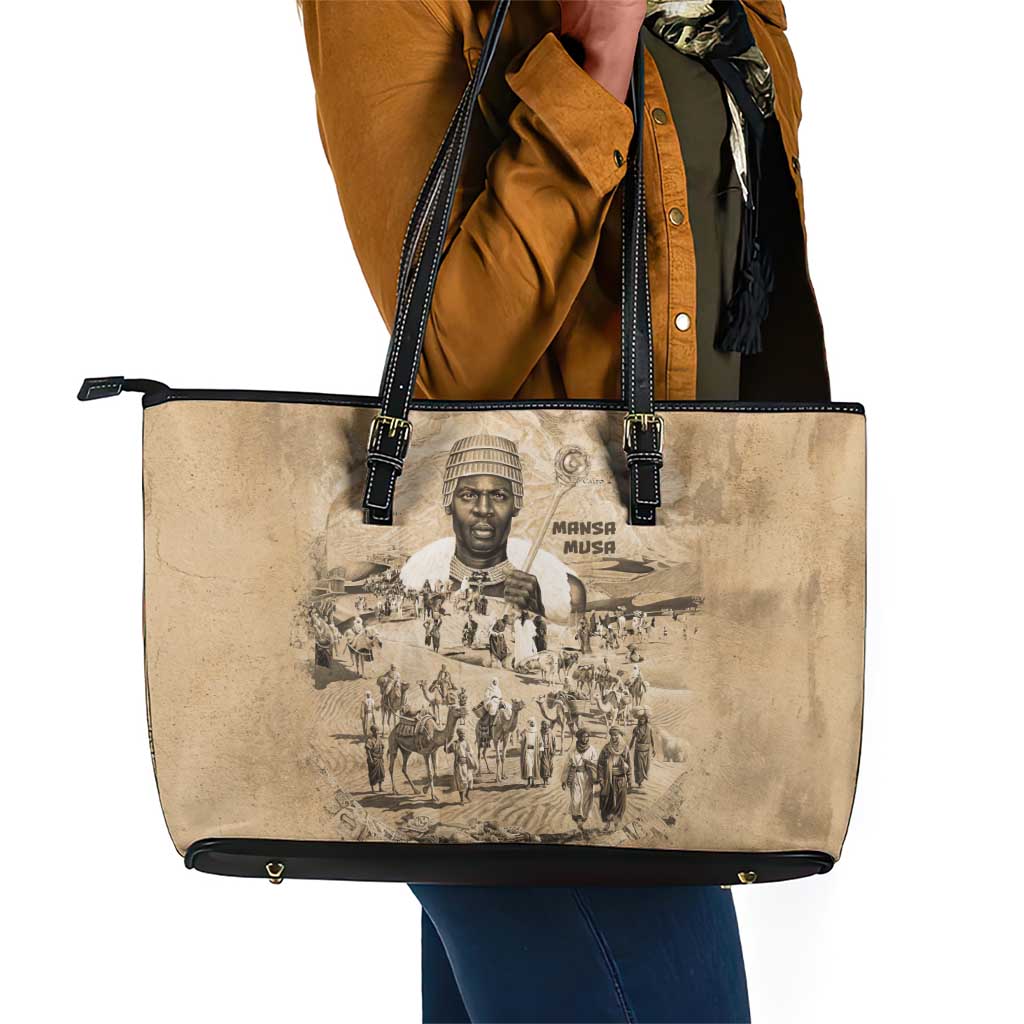 Mansa Musa Leather Tote Bag Sepia Map Historic Pilgrimage Empire Expedition 1324 African Royalty Legacy - Wonder Print Shop