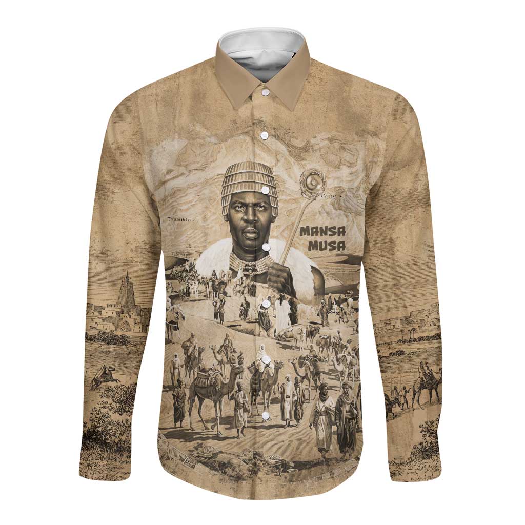 Mansa Musa Long Sleeve Button Shirt Sepia Map Historic Pilgrimage Empire Expedition 1324 African Royalty Legacy - Wonder Print Shop