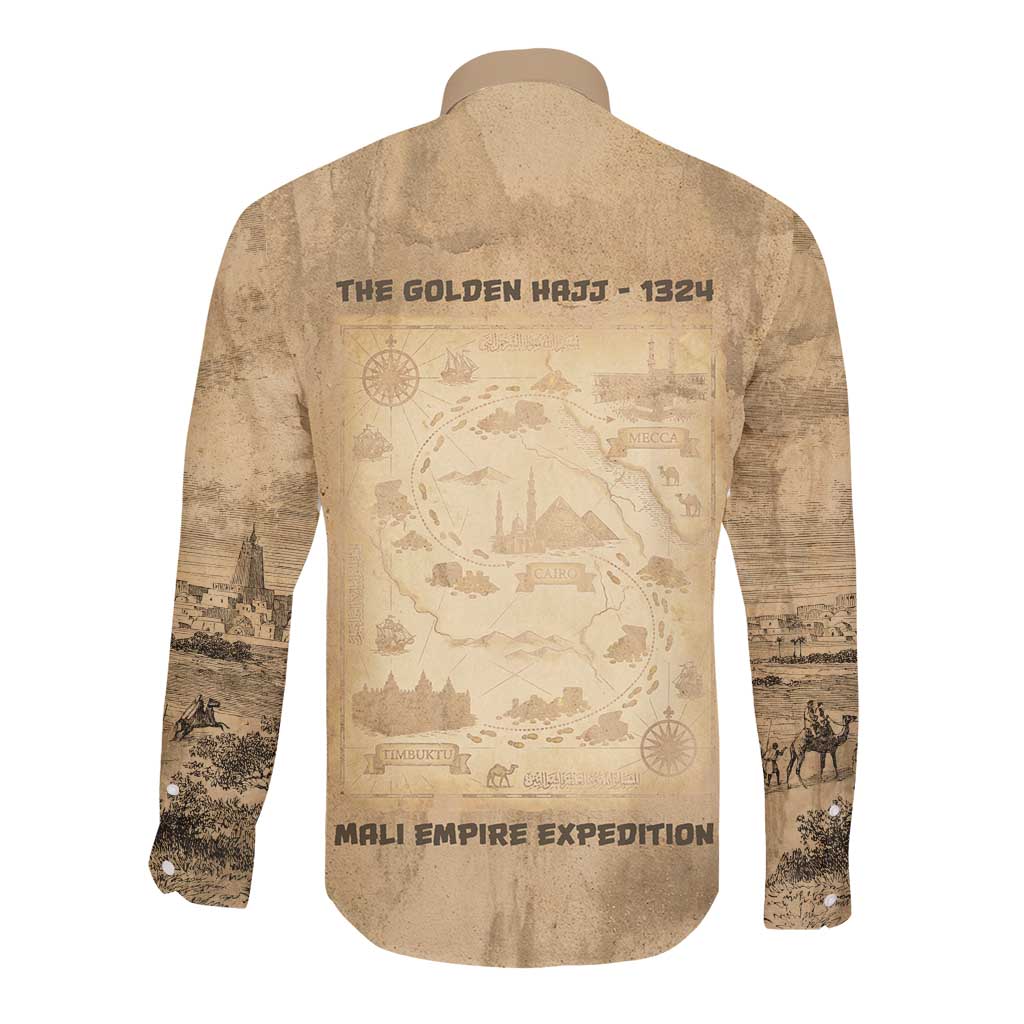 Mansa Musa Long Sleeve Button Shirt Sepia Map Historic Pilgrimage Empire Expedition 1324 African Royalty Legacy - Wonder Print Shop