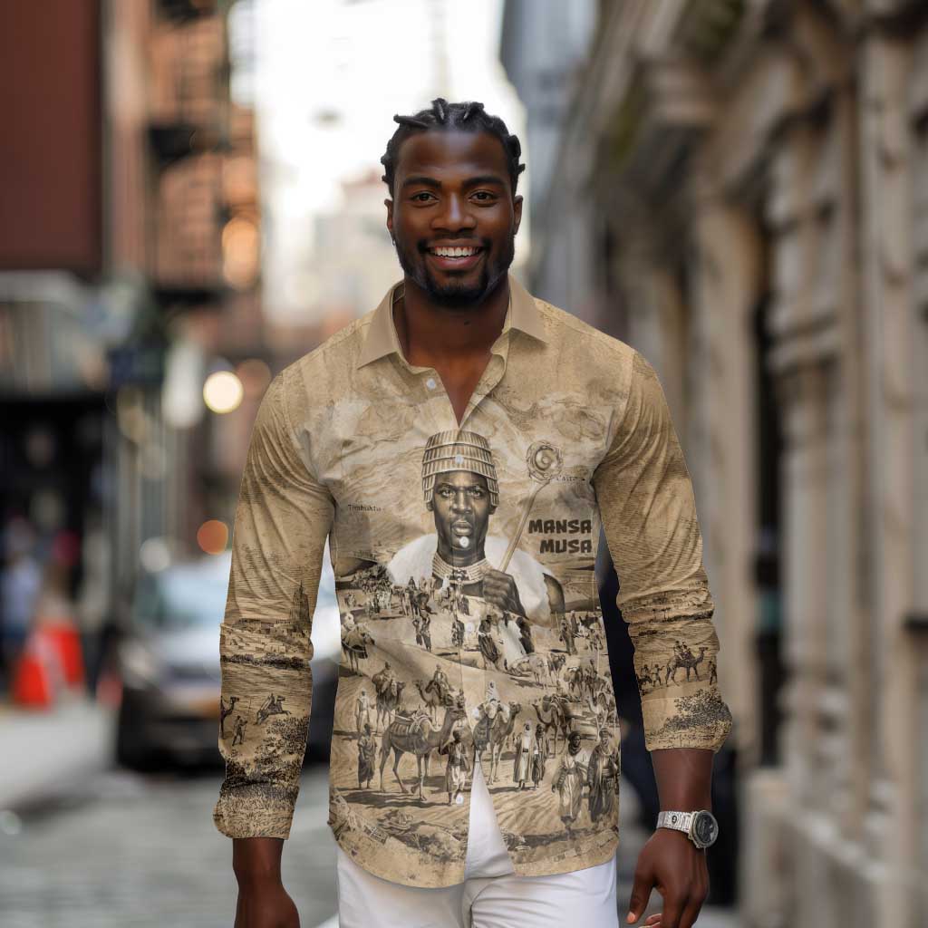 Mansa Musa Long Sleeve Button Shirt Sepia Map Historic Pilgrimage Empire Expedition 1324 African Royalty Legacy - Wonder Print Shop