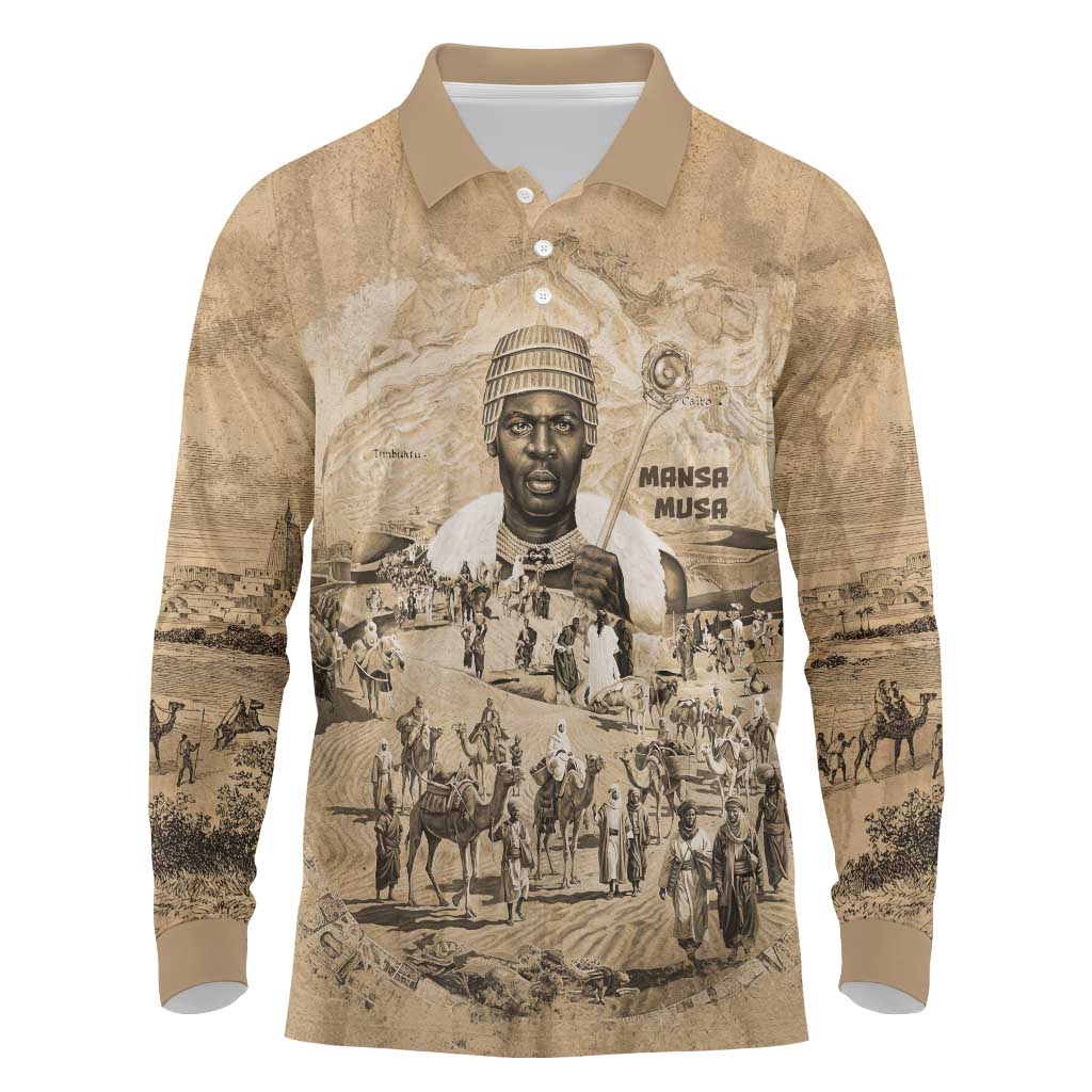 Mansa Musa Long Sleeve Polo Shirt Sepia Map Historic Pilgrimage Empire Expedition 1324 African Royalty Legacy - Wonder Print Shop