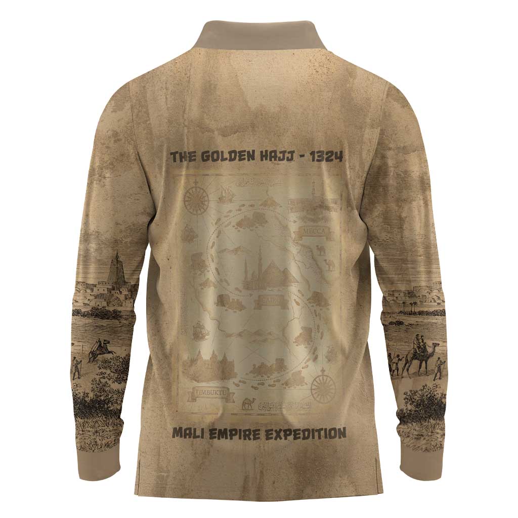 Mansa Musa Long Sleeve Polo Shirt Sepia Map Historic Pilgrimage Empire Expedition 1324 African Royalty Legacy - Wonder Print Shop