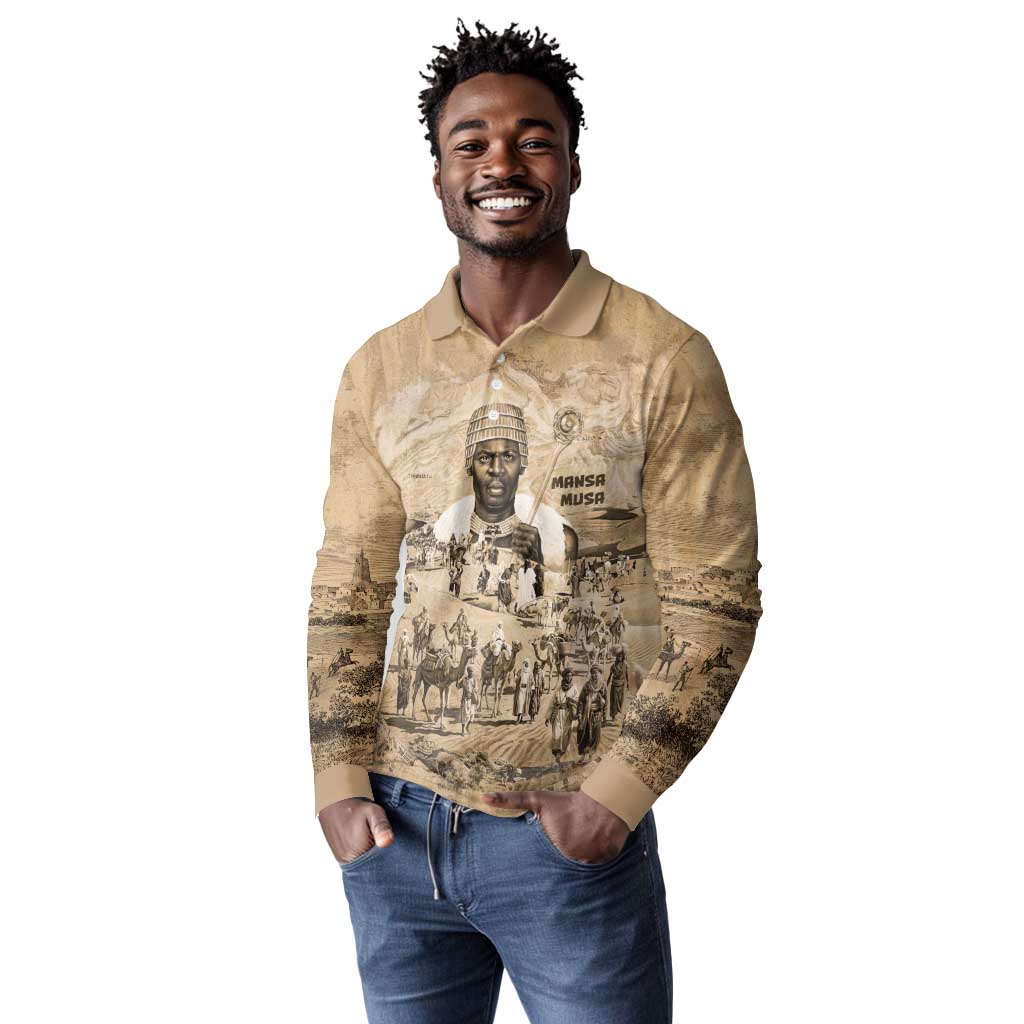 Mansa Musa Long Sleeve Polo Shirt Sepia Map Historic Pilgrimage Empire Expedition 1324 African Royalty Legacy - Wonder Print Shop