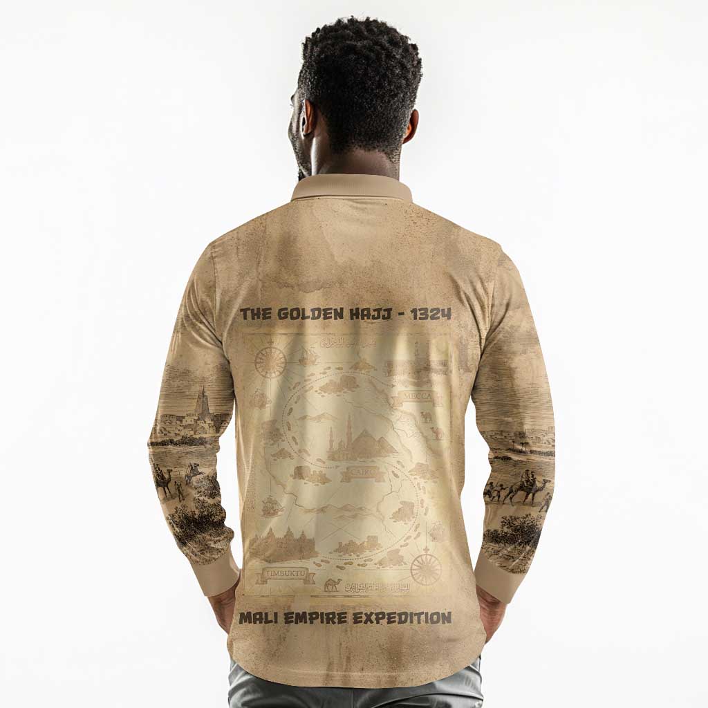 Mansa Musa Long Sleeve Polo Shirt Sepia Map Historic Pilgrimage Empire Expedition 1324 African Royalty Legacy - Wonder Print Shop