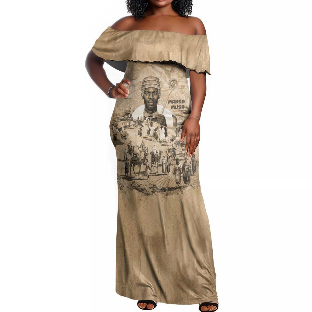 Mansa Musa Off Shoulder Maxi Dress Sepia Map Historic Pilgrimage Empire Expedition 1324 African Royalty Legacy - Wonder Print Shop