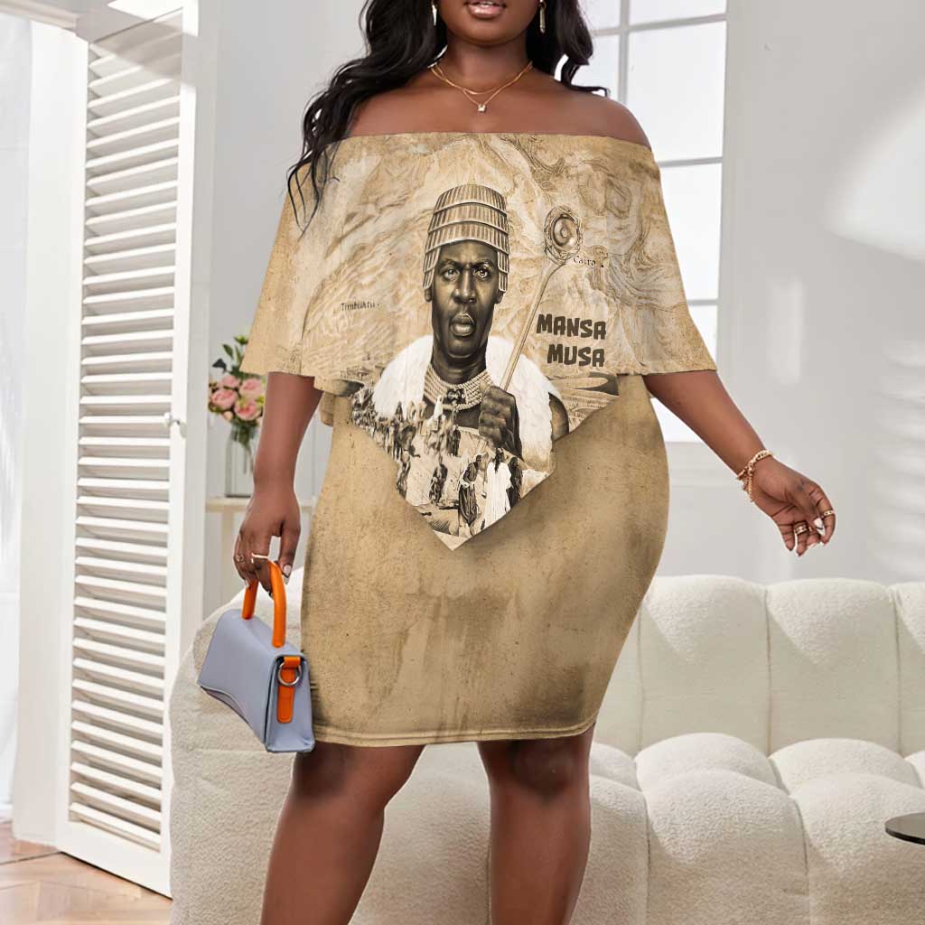 Mansa Musa Off Shoulder Short Dress Sepia Map Historic Pilgrimage Empire Expedition 1324 African Royalty Legacy - Wonder Print Shop