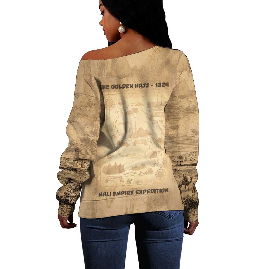 Mansa Musa Off Shoulder Sweater Sepia Map Historic Pilgrimage Empire Expedition 1324 African Royalty Legacy - Wonder Print Shop