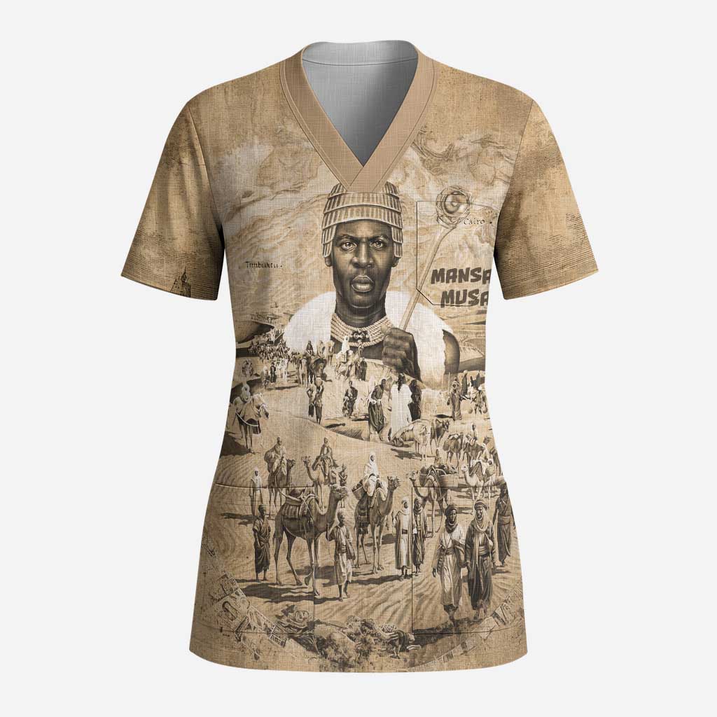 Mansa Musa Scrub Top Sepia Map Historic Pilgrimage Empire Expedition 1324 African Royalty Legacy - Wonder Print Shop