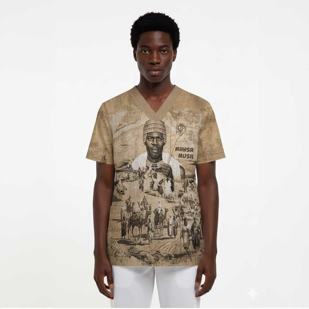 Mansa Musa Scrub Top Sepia Map Historic Pilgrimage Empire Expedition 1324 African Royalty Legacy - Wonder Print Shop