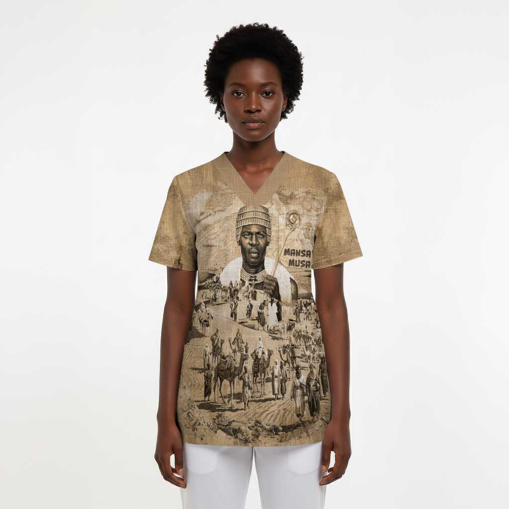 Mansa Musa Scrub Top Sepia Map Historic Pilgrimage Empire Expedition 1324 African Royalty Legacy - Wonder Print Shop