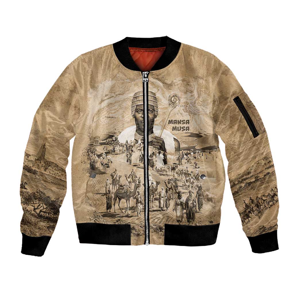 Mansa Musa Sleeve Zip Bomber Jacket Sepia Map Historic Pilgrimage Empire Expedition 1324 African Royalty Legacy - Wonder Print Shop