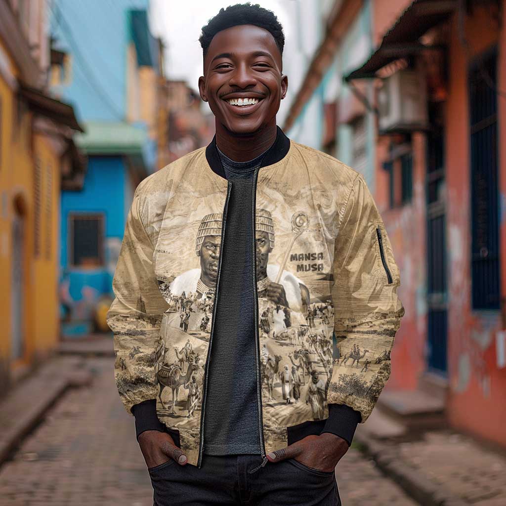 Mansa Musa Sleeve Zip Bomber Jacket Sepia Map Historic Pilgrimage Empire Expedition 1324 African Royalty Legacy - Wonder Print Shop