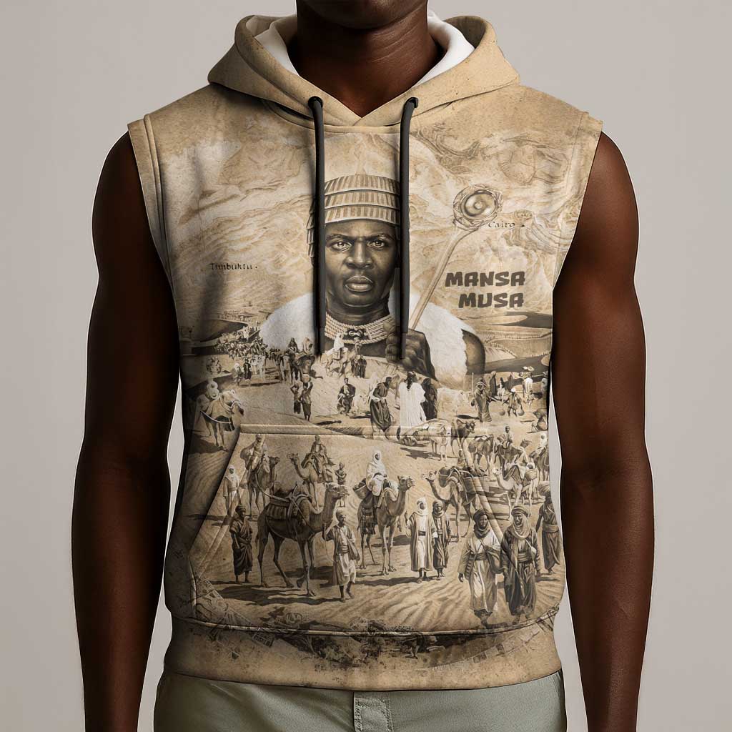 Mansa Musa Sleeveless Hoodie Sepia Map Historic Pilgrimage Empire Expedition 1324 African Royalty Legacy - Wonder Print Shop