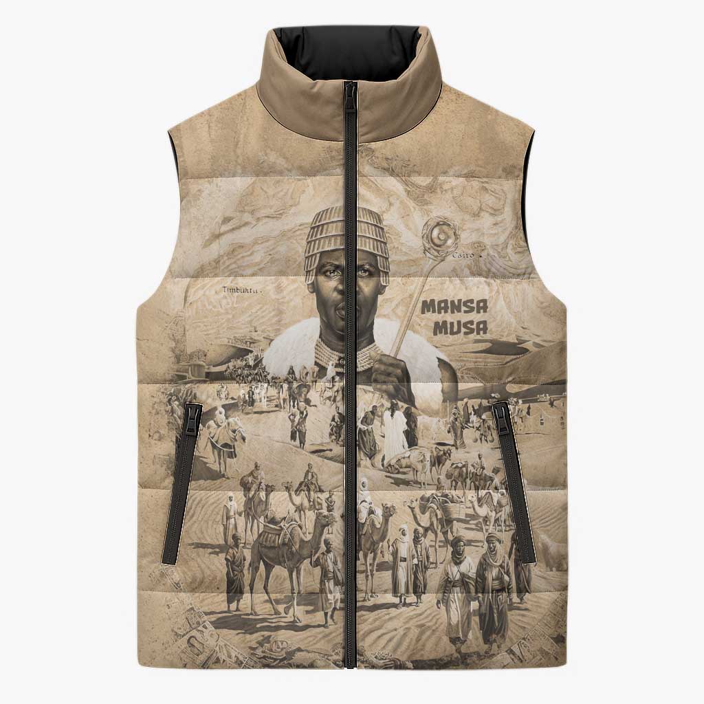 Mansa Musa Sleeveless Puffer Jacket Sepia Map Historic Pilgrimage Empire Expedition 1324 African Royalty Legacy - Wonder Print Shop