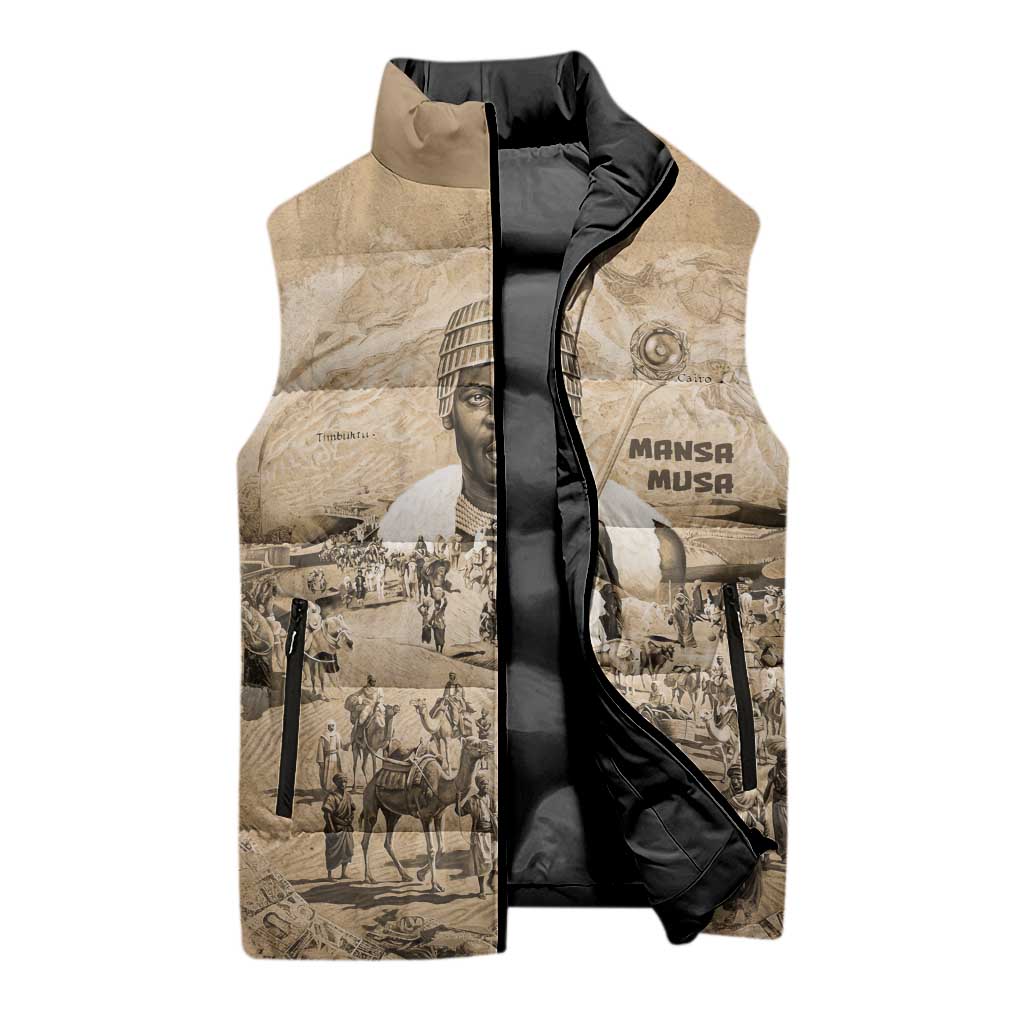 Mansa Musa Sleeveless Puffer Jacket Sepia Map Historic Pilgrimage Empire Expedition 1324 African Royalty Legacy - Wonder Print Shop