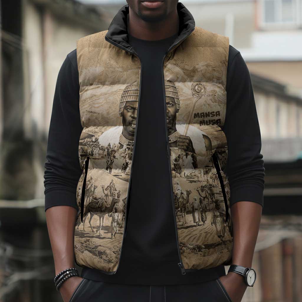 Mansa Musa Sleeveless Puffer Jacket Sepia Map Historic Pilgrimage Empire Expedition 1324 African Royalty Legacy - Wonder Print Shop