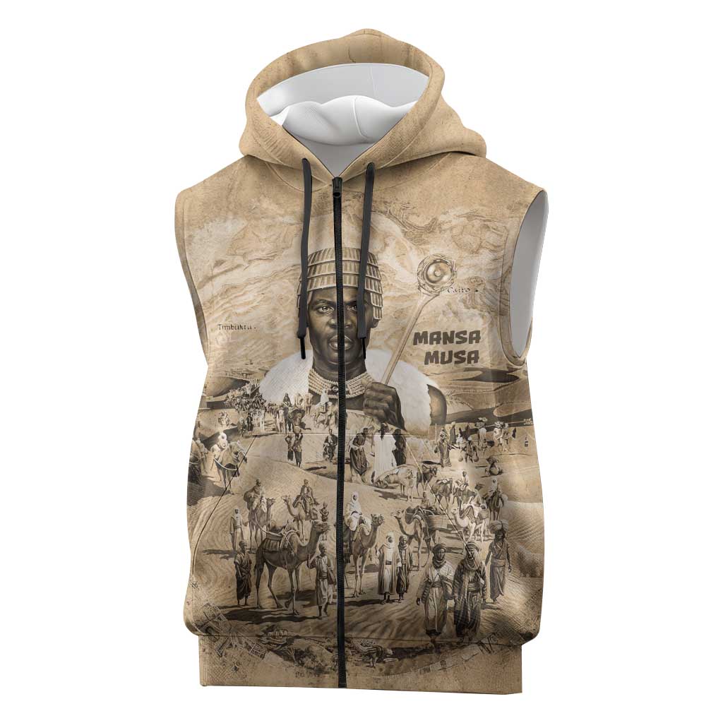 Mansa Musa Sleeveless Zip Hoodie Sepia Map Historic Pilgrimage Empire Expedition 1324 African Royalty Legacy - Wonder Print Shop