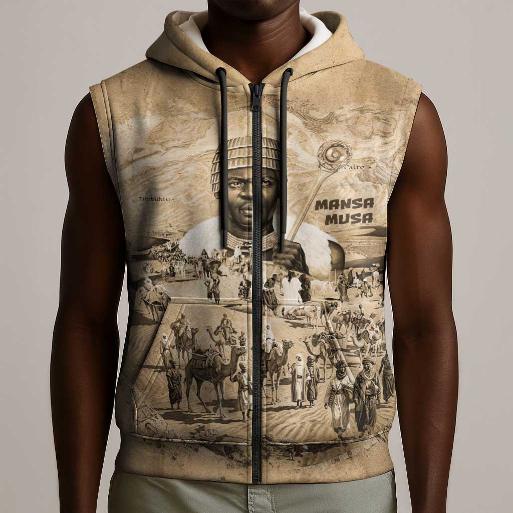 Mansa Musa Sleeveless Zip Hoodie Sepia Map Historic Pilgrimage Empire Expedition 1324 African Royalty Legacy - Wonder Print Shop