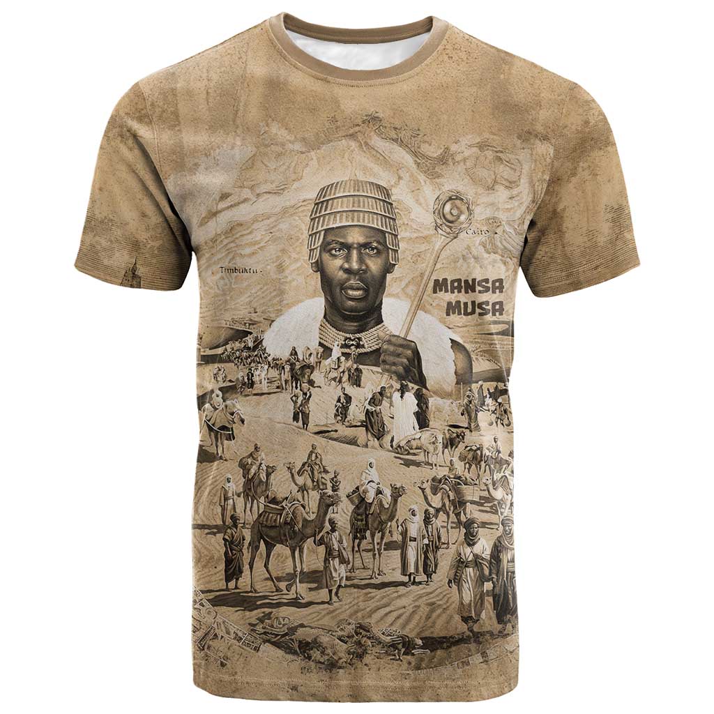 Mansa Musa T shirt Sepia Map Historic Pilgrimage Empire Expedition 1324 African Royalty Legacy - Wonder Print Shop