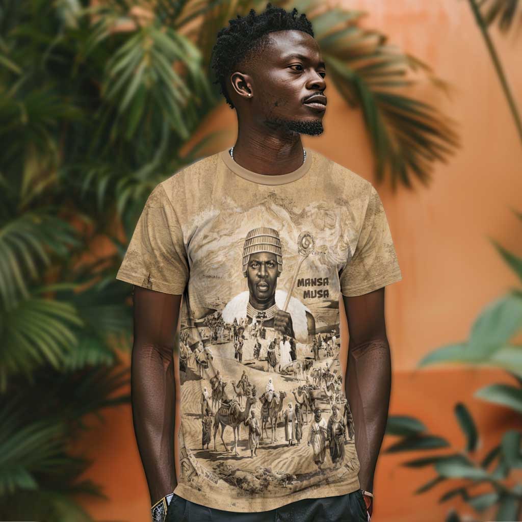 Mansa Musa T shirt Sepia Map Historic Pilgrimage Empire Expedition 1324 African Royalty Legacy - Wonder Print Shop