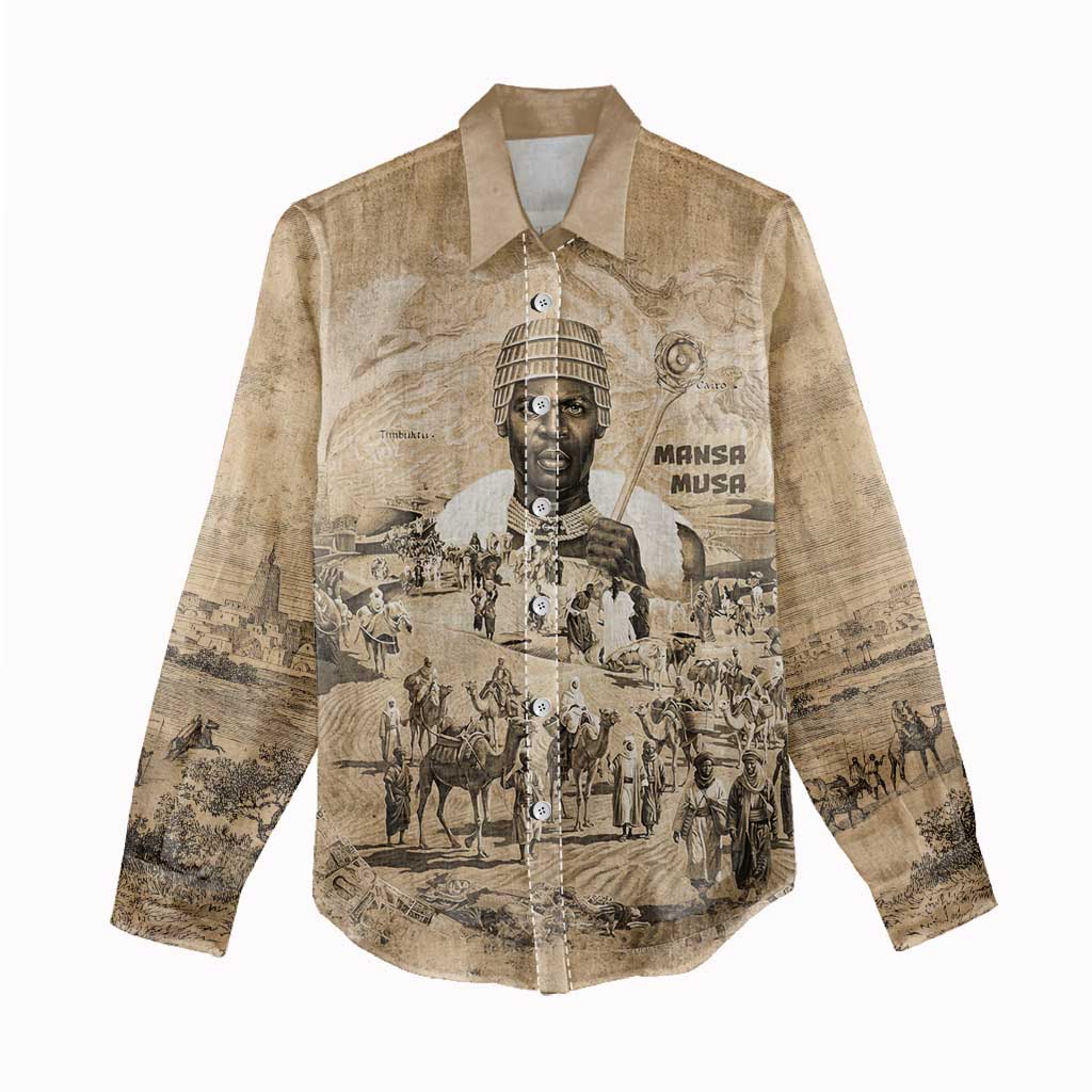 Mansa Musa Women Casual Shirt Sepia Map Historic Pilgrimage Empire Expedition 1324 African Royalty Legacy - Wonder Print Shop