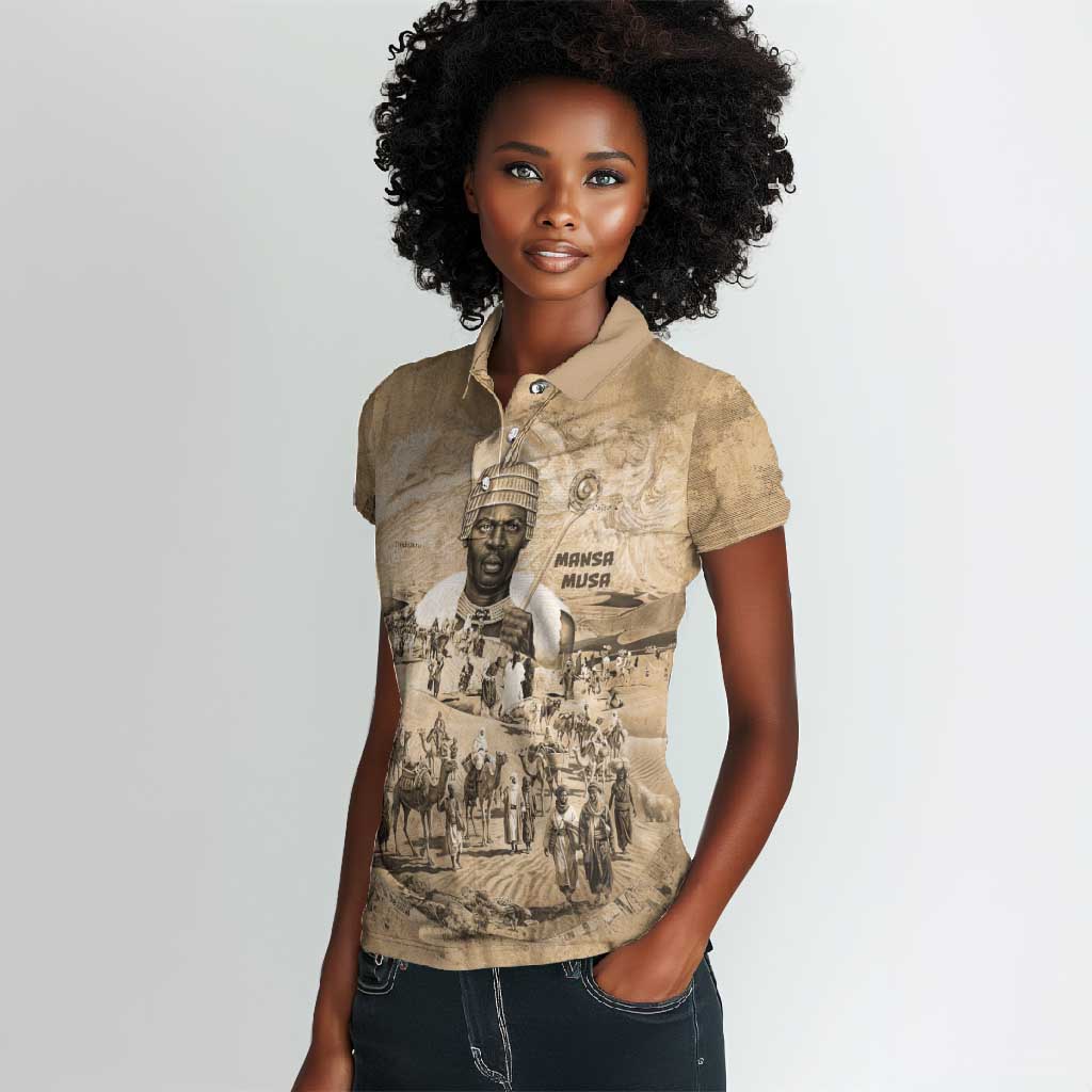 Mansa Musa Women Polo Shirt Sepia Map Historic Pilgrimage Empire Expedition 1324 African Royalty Legacy - Wonder Print Shop