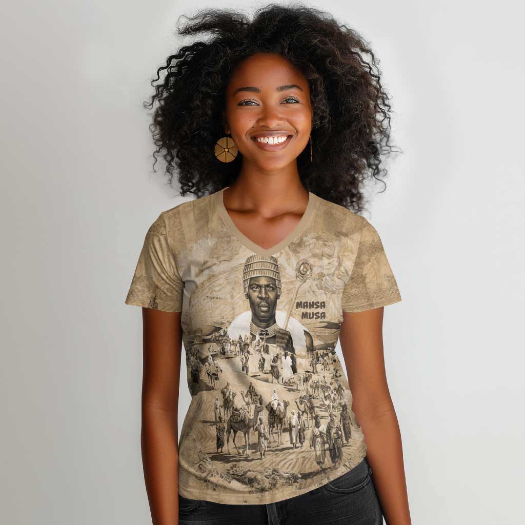 Mansa Musa Women V-Neck T-Shirt Sepia Map Historic Pilgrimage Empire Expedition 1324 African Royalty Legacy - Wonder Print Shop