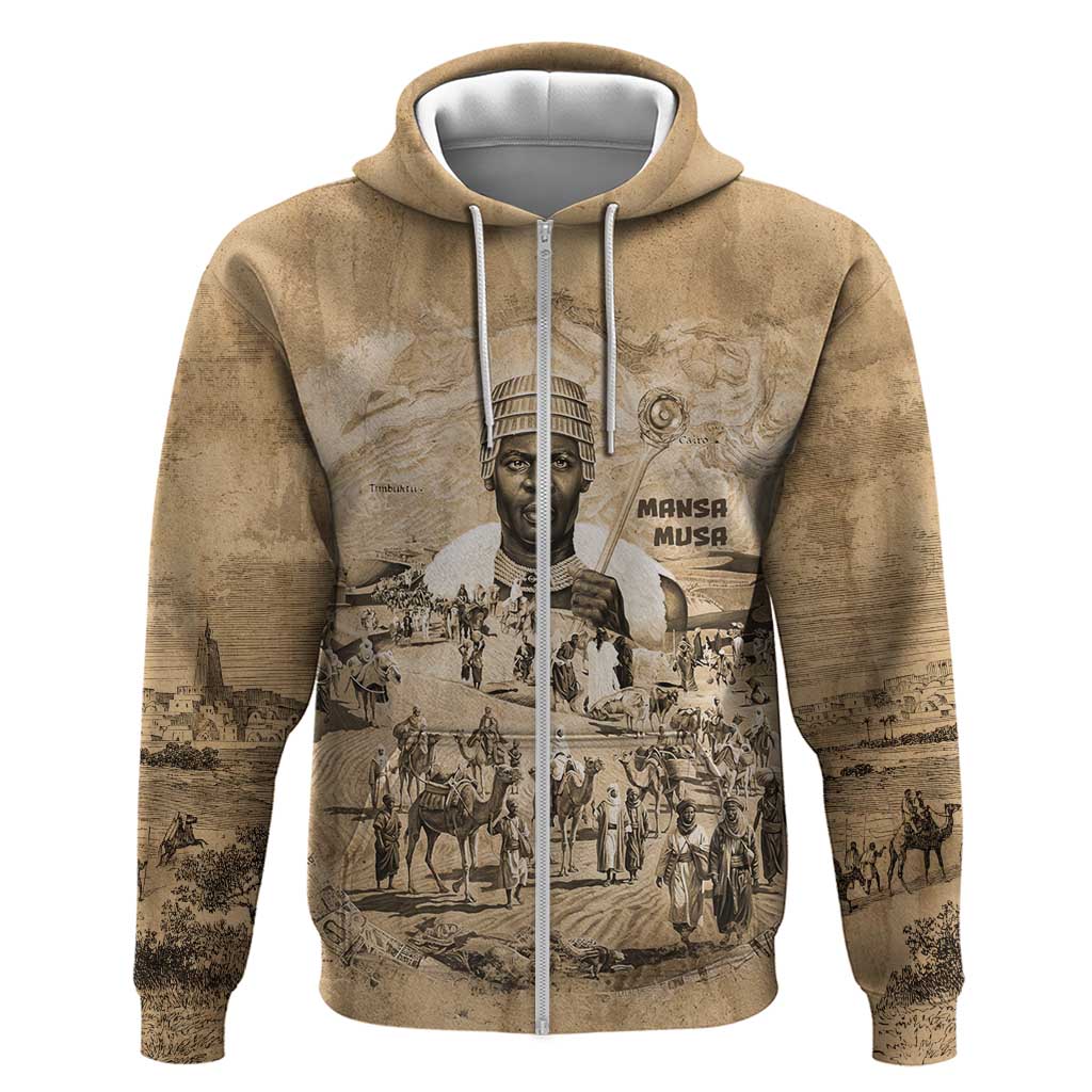 Mansa Musa Zip Hoodie Sepia Map Historic Pilgrimage Empire Expedition 1324 African Royalty Legacy - Wonder Print Shop