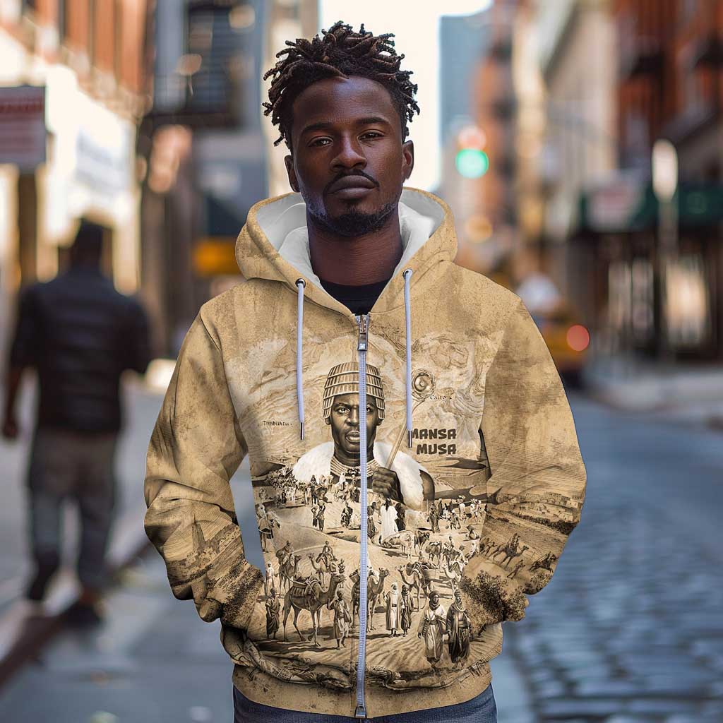 Mansa Musa Zip Hoodie Sepia Map Historic Pilgrimage Empire Expedition 1324 African Royalty Legacy - Wonder Print Shop