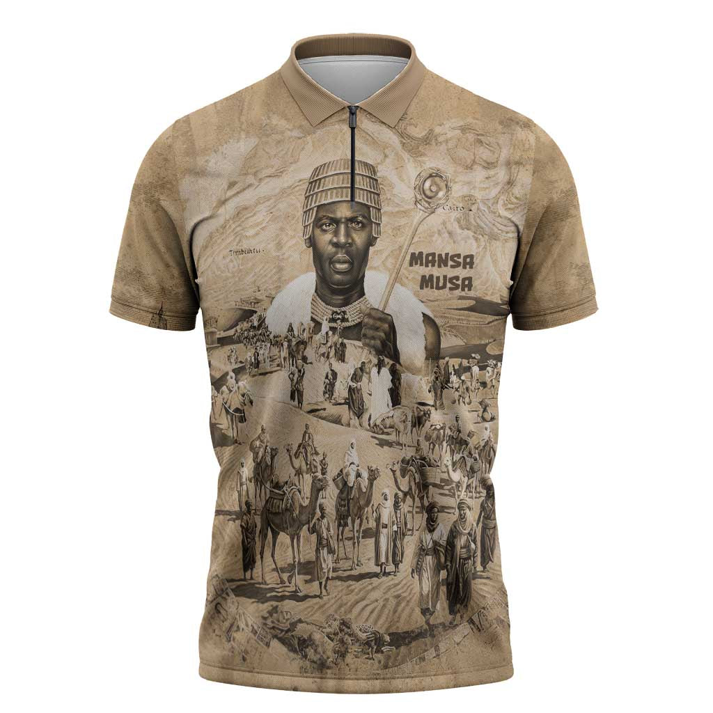 Mansa Musa Zipper Polo Shirt Sepia Map Historic Pilgrimage Empire Expedition 1324 African Royalty Legacy - Wonder Print Shop