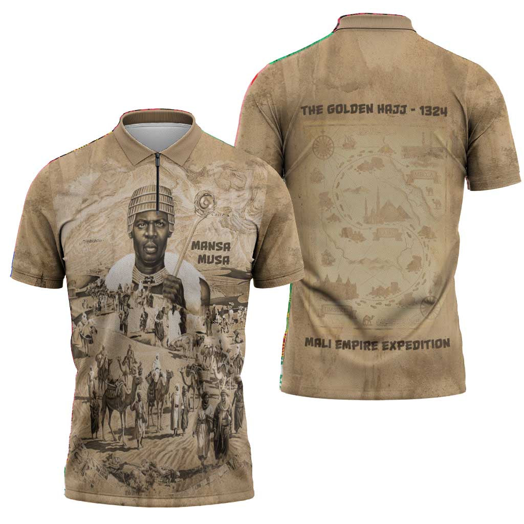 Mansa Musa Zipper Polo Shirt Sepia Map Historic Pilgrimage Empire Expedition 1324 African Royalty Legacy - Wonder Print Shop