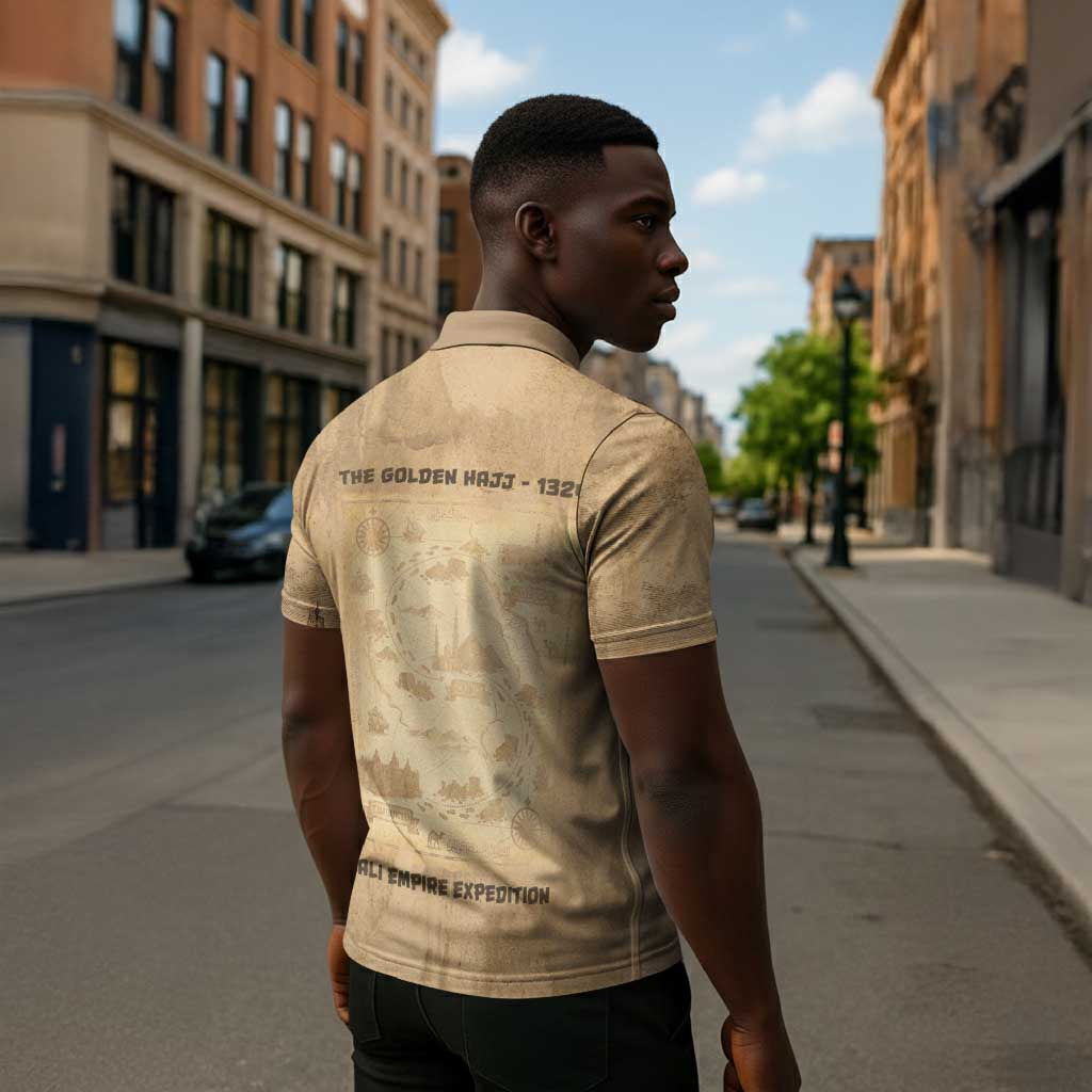 Mansa Musa Zipper Polo Shirt Sepia Map Historic Pilgrimage Empire Expedition 1324 African Royalty Legacy - Wonder Print Shop